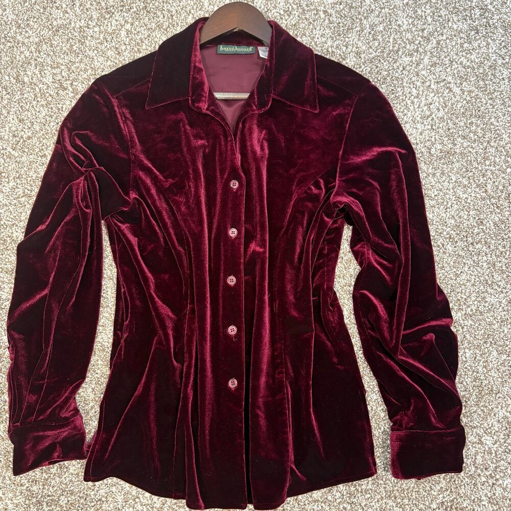 Harve' Bernard Burgundy Stretch Velvet Button Front Blouse Medium Dark Academia